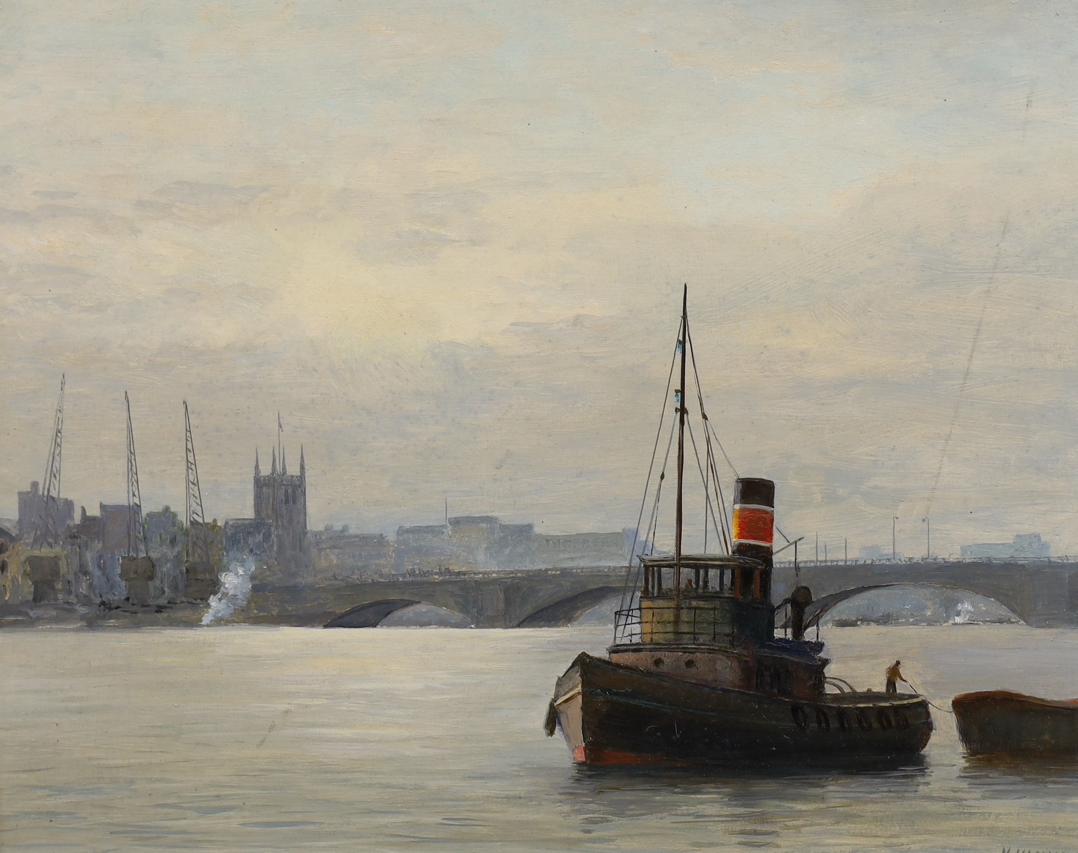 Albert Vavasour Hammond FRSA (1900-1985), pair of oils on board, 'Southwark' and 'Thames Barges', signed, 32 x 39cm